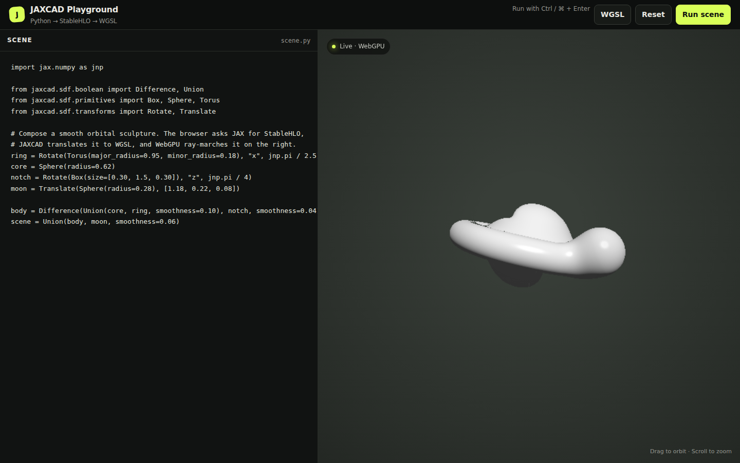 JAXCAD playground with Python code on the left and a rendered scene on the right